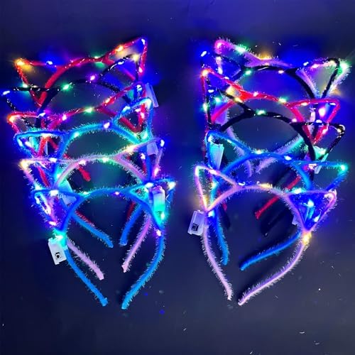 12 Pieces Cat Ears Headbands Set Led Cute Cat Light Up Hair Accessories Light Up Headband Concert Accessories Nightclubs Party Supplies Carousal Music Party Christmas Halloween
