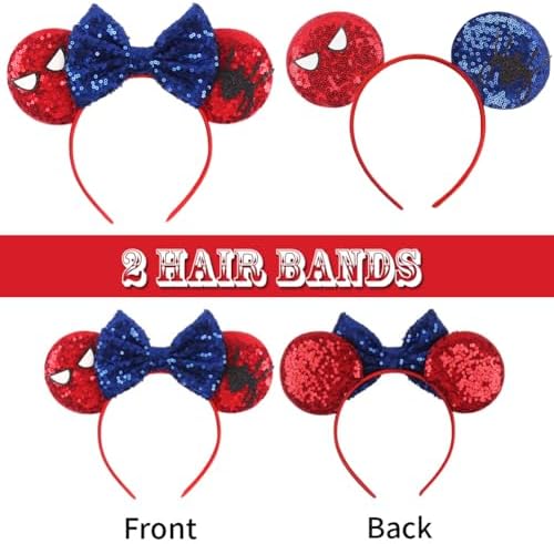 2 PCS Glitter Sequin Bow Mouse Ears And Spider Headbands Red And Blue Sparkled Sequin Hair Headband Shiny Bows Glitter Party Children Hair Bands Girls Princess Party Decorations Cosplay