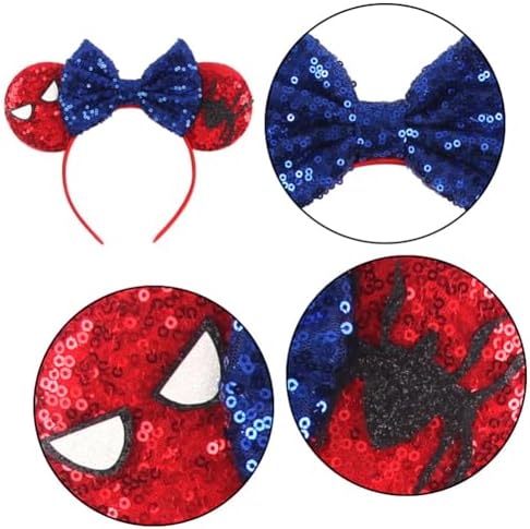 2 PCS Glitter Sequin Bow Mouse Ears And Spider Headbands Red And Blue Sparkled Sequin Hair Headband Shiny Bows Glitter Party Children Hair Bands Girls Princess Party Decorations Cosplay