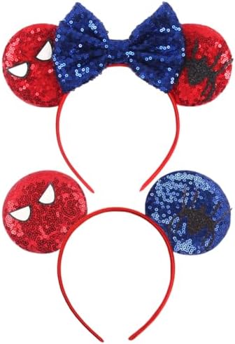 2 PCS Glitter Sequin Bow Mouse Ears and Spider Headbands Red and Blue Sparkled Sequin Hair Headband Shiny Bows Glitter Party Children Hair Bands Girls Princess Party Decorations Cosplay