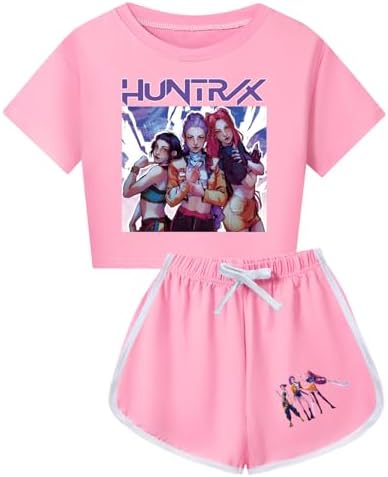 2 Piece K Pop Demon Hunters Tracksuit Kids T-Shirt And Shorts Outfit Summer Tracksuit Set K Pop Huntrix Huntr/X Anime Printed K Pop Demon Hunters Suits For Boys Girls