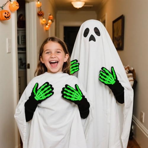 2Pairs Halloween Luminous Skeleton Gloves For Kids 6-12 Years Black Ghost Full Finger Skull Bone Warm Gloves Halloween Party Trick Or Treat Costume Cosplay Accessories For Kids Boys Girls