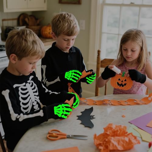 2Pairs Halloween Luminous Skeleton Gloves For Kids 6-12 Years Black Ghost Full Finger Skull Bone Warm Gloves Halloween Party Trick Or Treat Costume Cosplay Accessories For Kids Boys Girls