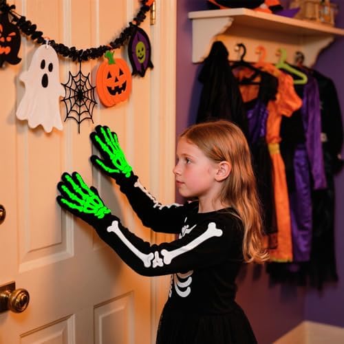2Pairs Halloween Luminous Skeleton Gloves For Kids 6-12 Years Black Ghost Full Finger Skull Bone Warm Gloves Halloween Party Trick Or Treat Costume Cosplay Accessories For Kids Boys Girls