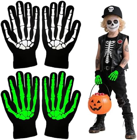 2Pairs Halloween Luminous Skeleton Gloves for Kids 6-12 Years Black Ghost Full Finger Skull Bone Warm Gloves Halloween Party Trick or Treat Costume Cosplay Accessories for Kids Boys Girls