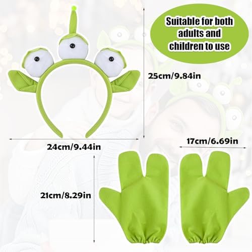 2PCS Alien Headband Set Toy Story Alien Costume Accessories For Halloween Parties Cosplay Events Themed Gatherings Three-Eyed Headwear With Matching Three-Finger Gloves