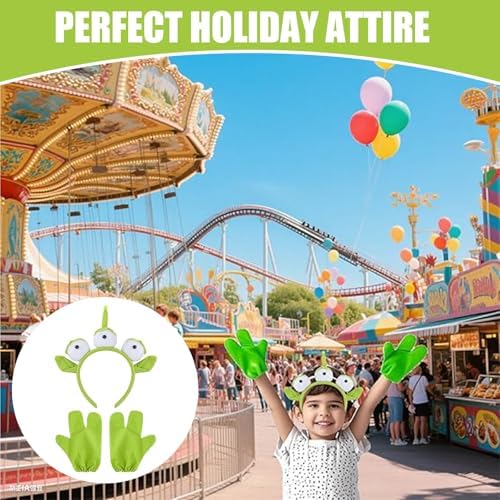 2PCS Alien Headband Set Toy Story Alien Costume Accessories For Halloween Parties Cosplay Events Themed Gatherings Three-Eyed Headwear With Matching Three-Finger Gloves