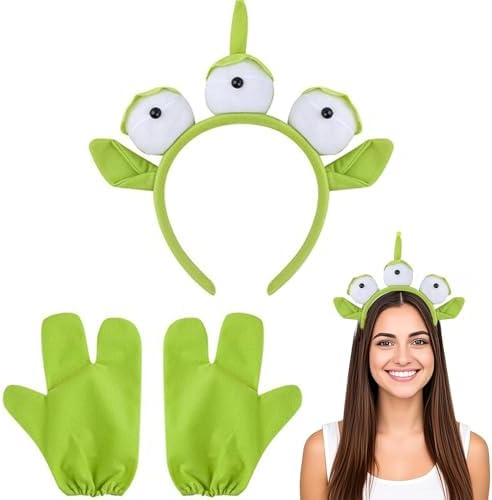 2PCS Alien Headband Set Toy Story Alien Costume Accessories for Halloween Parties Cosplay Events Themed Gatherings Three-Eyed Headwear with Matching Three-Finger Gloves