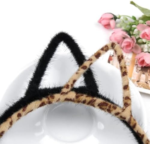2pcs Cat Ears Headbands Leopard Print Ears & Black Furry Cat Ear Hair Bands Hair Hoops For Women Fancy Dress Cosplay Party Accessories And Daily Wear