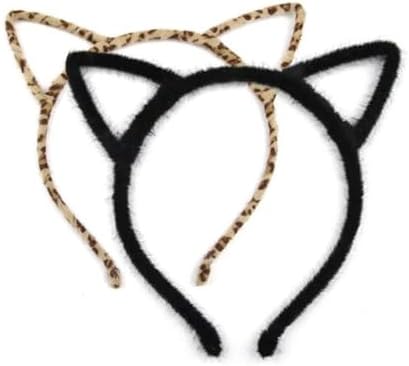 2pcs Cat Ears Headbands Leopard Print Ears & Black Furry Cat Ear Hair Bands Hair Hoops for Women Fancy Dress Cosplay Party Accessories and Daily Wear