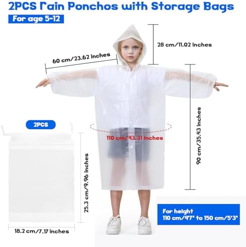 2Pcs Reusable Kids Transparent Rain Coat Lightweight Children Waterproof Rain Cape Portable Kids EVA Rain Ponchos Kids Clear Rainwear With Hood Buttons Sleeves 2 Drawstring Bags For Boys Girls 5-12