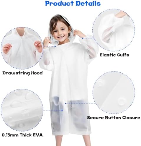 2Pcs Reusable Kids Transparent Rain Coat Lightweight Children Waterproof Rain Cape Portable Kids EVA Rain Ponchos Kids Clear Rainwear With Hood Buttons Sleeves 2 Drawstring Bags For Boys Girls 5-12