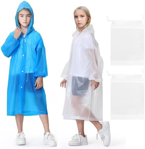 2Pcs Reusable Kids Transparent Rain Coat Lightweight Children Waterproof Rain Cape Portable Kids EVA Rain Ponchos Kids Clear Rainwear with Hood Buttons Sleeves 2 Drawstring Bags for Boys Girls 5-12