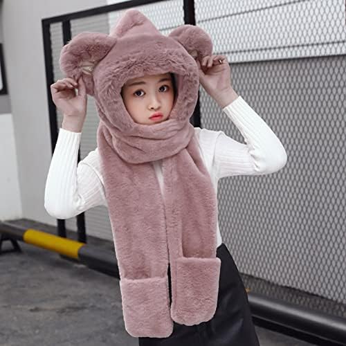 3 In 1 Kids Faux Fur Hooded Scarf Hat And Gloves Set - Winter Warm Plush Thermal Trapper Hat With Earflaps Long Scarf Pocket Mittens For Boys And Girls Age 3-8