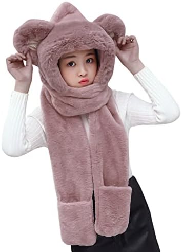 3 In 1 Kids Faux Fur Hooded Scarf Hat and Gloves Set - Winter Warm Plush Thermal Trapper Hat With Earflaps Long Scarf Pocket Mittens for Boys and Girls Age 3-8