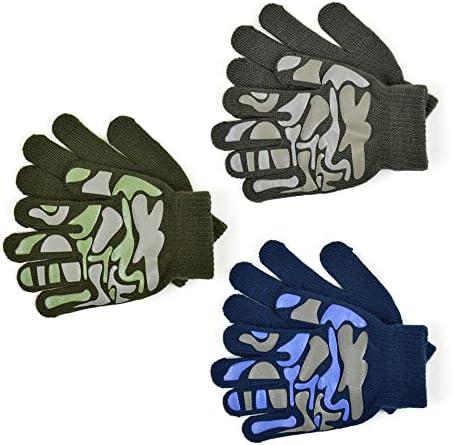3 Pairs Boys Girls Kids Thermal Magic Stretch Grip Winter Gloves Grip With Animal Camo Or Football Grippers