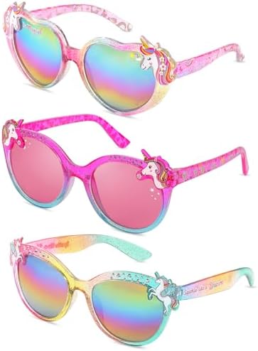 3 Pairs Kids Sunglasses Girls UV Protection Unicorn Sunglasses Toddler Eyewear for Childrens Party Favors Beach Dress up Glasses