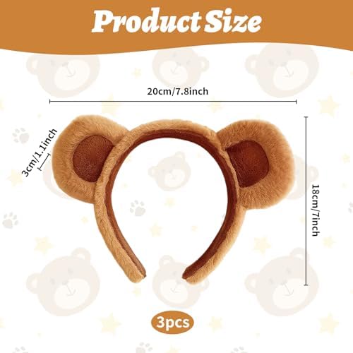 3 Pcs Bear Ears Bear Ears Headband Chipmunk Ears Teddy Bear Ears Cute Plush Animal Hair Hoops Animal Alice Hair Band For Girls And Women Furry Bear Ears Party Costume Accessories (Brown) ﻿