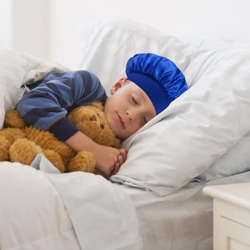 3 Pcs Kids Silk Bonnet For Sleeping Elastic Child Satin Hair Bonnet For Sleeping Soft Sleep Bonnets For Kids Girls Boys Baby Bonnets Silk Sleep Caps For Teens Toddler Children(Black+Blue+Pink)