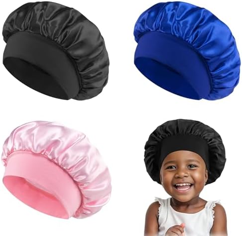 3 Pcs Kids Silk Bonnet for Sleeping Elastic Child Satin Hair Bonnet for Sleeping Soft Sleep Bonnets for Kids Girls Boys Baby Bonnets Silk Sleep Caps for Teens Toddler Children(Black+Blue+Pink)