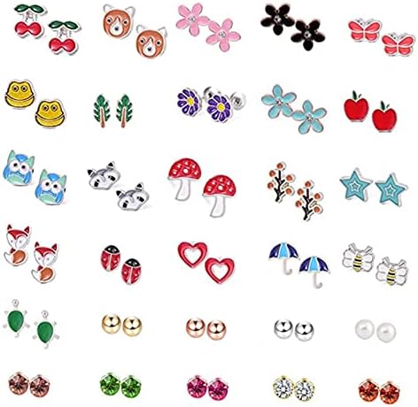 30 Pairs Girls Earrings Set Stainless Steel Cute Stud Earrings Animals Flowers Pearl Earrings Best Gifts for Teens Girls Women