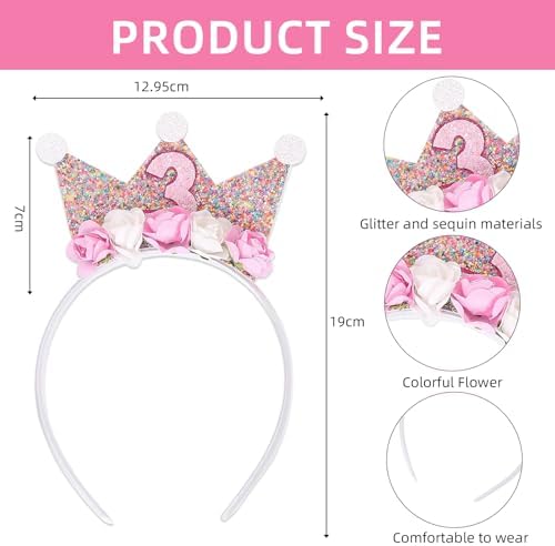 3rd Birthday Girl Crown Headband Pink Crown Headbands 3rd Birthday Decorations Flower Crown Headbands Glitter Hair Band 3 Years Old Girl Hair Accessories For Birthday Party Supplies