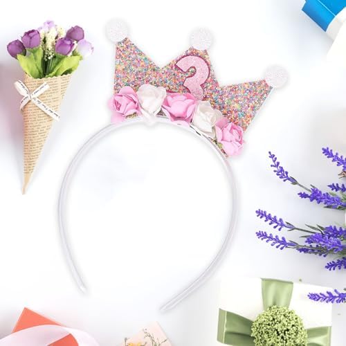 3rd Birthday Girl Crown Headband Pink Crown Headbands 3rd Birthday Decorations Flower Crown Headbands Glitter Hair Band 3 Years Old Girl Hair Accessories For Birthday Party Supplies