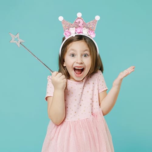 3rd Birthday Girl Crown Headband Pink Crown Headbands 3rd Birthday Decorations Flower Crown Headbands Glitter Hair Band 3 Years Old Girl Hair Accessories For Birthday Party Supplies