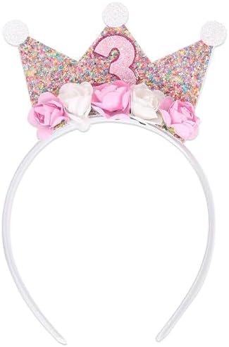 3rd Birthday Girl Crown Headband Pink Crown Headbands 3rd Birthday Decorations Flower Crown Headbands Glitter Hair Band 3 Years Old Girl Hair Accessories for Birthday Party Supplies