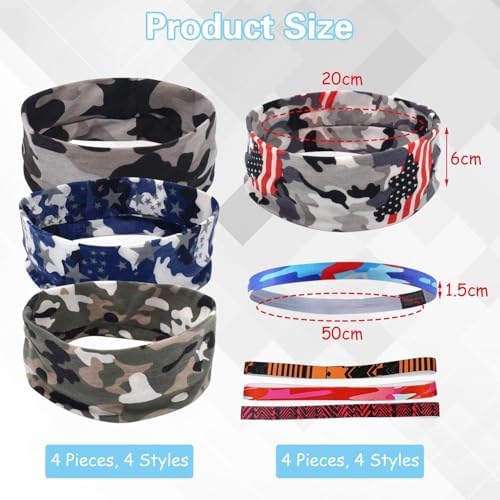 4 Pcs Camouflage Headbands And 4 Pcs Thin Headbands Sports Headbands Elastic Headbands Soft Sweat-Absorbent Headbands Sports Equipment