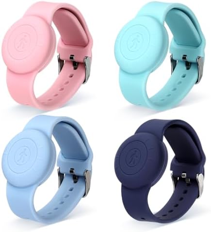 4pcs Kids Wristband for Airtag Waterproof Soft Silicone Bracelet Compatible with Apple Air Tag Adjustable Watch Band Kids for GPS Tracking Tagging (4 Colors)