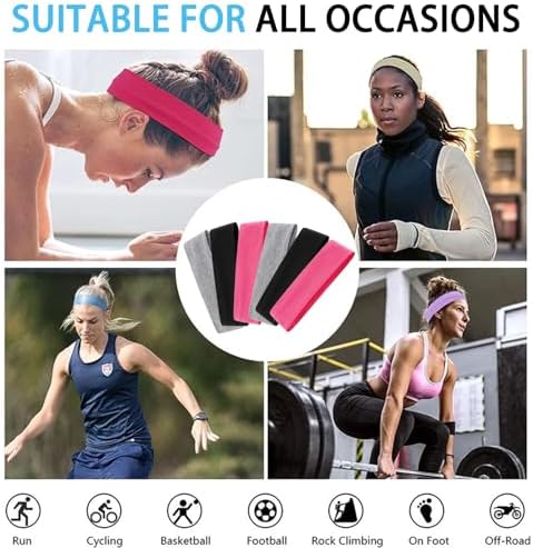 5cm Wide Stretchy Headbands For Women - 6 Pack Soft Elastic Sports Headband For Running Yoga Gym - Breathable Sweat-Wicking Hair Bands For Women's Hair & Makeup(Black Gray Pink)