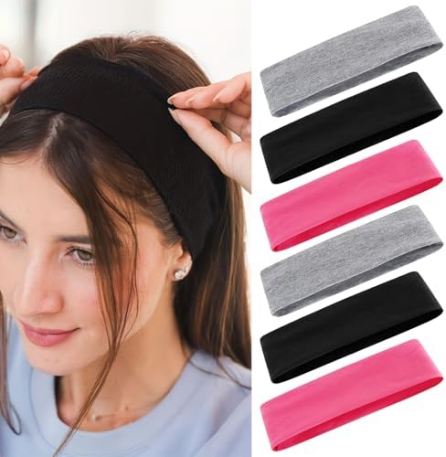 5cm Wide Stretchy Headbands for Women - 6 Pack Soft Elastic Sports Headband for Running Yoga Gym - Breathable Sweat-Wicking Hair Bands for Women's Hair & Makeup(Black Gray Pink)