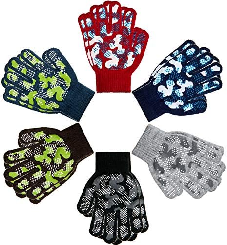 6 Pairs Boys Girls Magic Stretch Gripper Gloves Winter Knitted Full Finger Gloves for 4-8 Years Old Kids 6 Styles