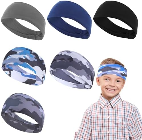 6 Pcs Basketball Headband for Boys Athletic Non Slip Breathable Boys Headbands for Sports Elastic Camo Sweatbands for Kids Basketball Soccer Baseball