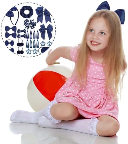 65Pcs Girls School Navy Hair Accessories Set Girls Navy Blue Headband Hair Clips Hair Bobbles Elastics Bands Ribbon Hair Barrettes Hair Accessories For Girls Birthday Gift Blue