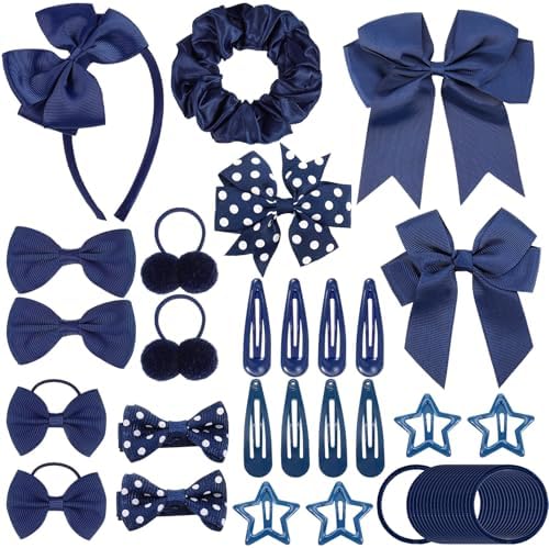 65Pcs Girls School Navy Hair Accessories Set Girls Navy Blue Headband Hair Clips Hair Bobbles Elastics Bands Ribbon Hair Barrettes Hair accessories for girls Birthday Gift blue