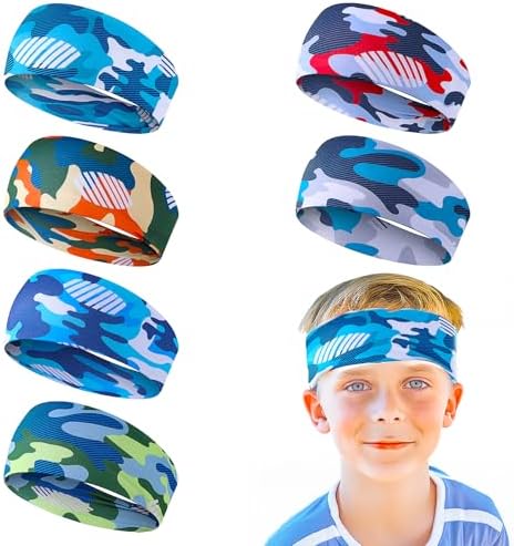 6Pcs Boys Sports Headband Breathable Athletic Sweatbands Non Slip Elastic Boys Hair Band Camouflage Football Headband Kids Headbands for Football Basketball Running Cycling
