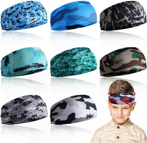 8Pcs Boys Sports Headband Breathable Elastic Sports Sweatbands Non-Slip Boys Hair Band Headscarf Camouflage Football Headbands Soft Kids Bandana for Football Basketball Running Cycling