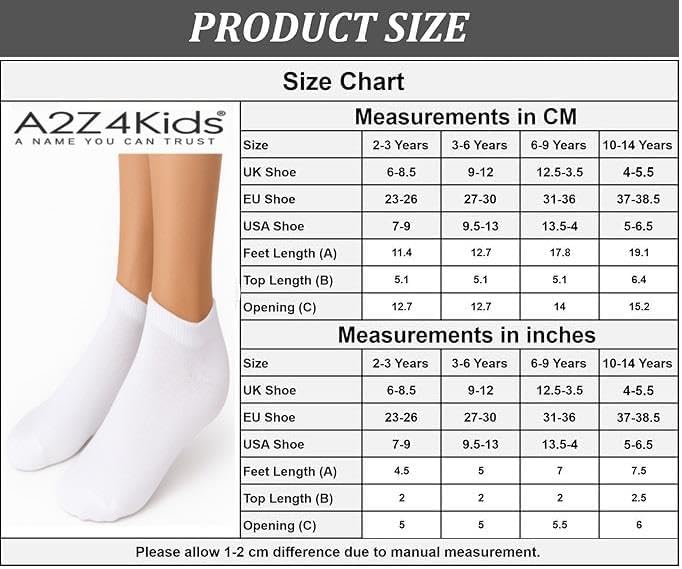 A2Z 4 Kids 6 Pack Girls Boys Plain Trainer No Show Socks Cotton School Low Cut Socks Comfortable Daily Wear UK Shoe Size 2-3 Years (6-8.5) 3-6 Years (9-12) 6-9 Years (12.5-3.5) 10-14 Years (4-5.5)