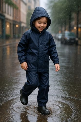 A2Z 4 Kids Boys Girls Waterproof Hooded Rain Suit With Matching Carry Bag Lightweight Jacket & Trouser Set With Pockets Kids Rainwear In Black Navy Royal Blue & Lilac Ages 3 To 14 Years