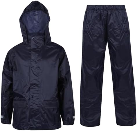 A2Z 4 Kids Boys Girls Waterproof Hooded Rain Suit with Matching Carry Bag Lightweight Jacket & Trouser Set with Pockets Kids Rainwear in Black Navy Royal Blue & Lilac Ages 3 to 14 Years