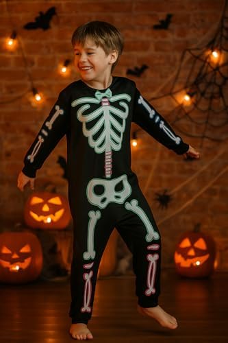 A2Z 4 Kids Boys Skeleton Costume With Bow Tie Halloween Cosplay Onesie Kids Fancy Dress Up Outfit For Trick Treat Parties Events