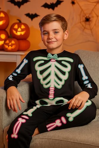 A2Z 4 Kids Boys Skeleton Costume With Bow Tie Halloween Cosplay Onesie Kids Fancy Dress Up Outfit For Trick Treat Parties Events