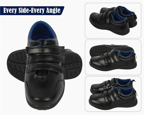 A2Z 4 Kids Boys Teens School Shoes Black PU Leather Smart Touch Fastening Non-Slip TPR Sole Comfortable Cushioned Fit Durable Lightweight Trainers Uniform Shoes UK Childrens Shoe Shize 10 To 6 UK