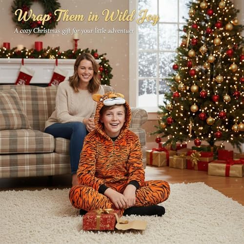 A2Z 4 Kids Girls Boys Tiger Costume Soft Plush Fleece Playsuit Children One Piece Cosplay Suit Kids Animal Hooded Jumpsuit All In One Tiger Xmas Pyjamas Age 2-14 Years