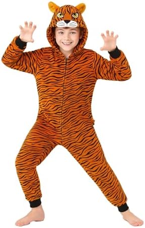A2Z 4 Kids Girls Boys Tiger Costume Soft Plush Fleece Playsuit Children One Piece Cosplay Suit Kids Animal Hooded Jumpsuit All in One Tiger Xmas Pyjamas Age 2-14 Years