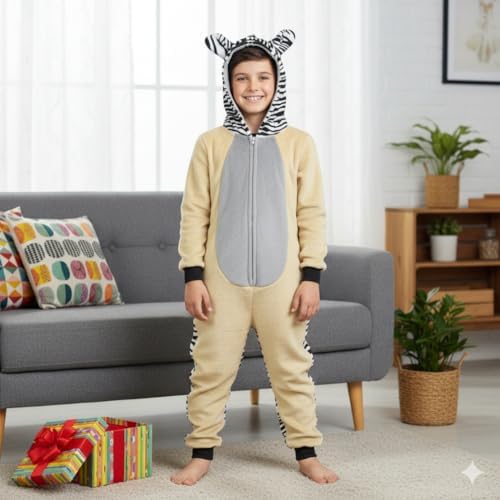 A2Z 4 Kids Girls Boys Zebra Onesie 2-Tone Zebra Theme Jumpsuits Soft Plush Fleece Playsuit Kids Hooded Sleepsuit Kids One Piece Nativity Cosplay Suit All In One Zebra Pyjamas Age 3-14 Years
