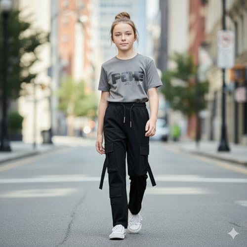 A2Z 4 Kids Girls Cargo Trousers Elasticated Waist Drawstring Casual Trouser Pant Joggers Sports Yoga Pull On Comfortable Breathable Training Outdoor Bell Bottom Activewear Pants 3-14 Years