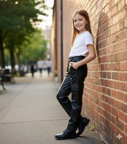A2Z 4 Kids Girls Faux Leather Trousers Black Straight Leg Stylish Slim Fit Cargo PU Pants With Multi Utility Pockets Comfortable Durable Design For Streetwear Casual Party Wear Age 6-14 Years